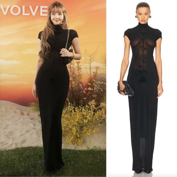 Jean Paul Gaultier | Long Dress in Black Flocked Tattoo Rose Lisa Blackpink XS - Picture 1 of 16